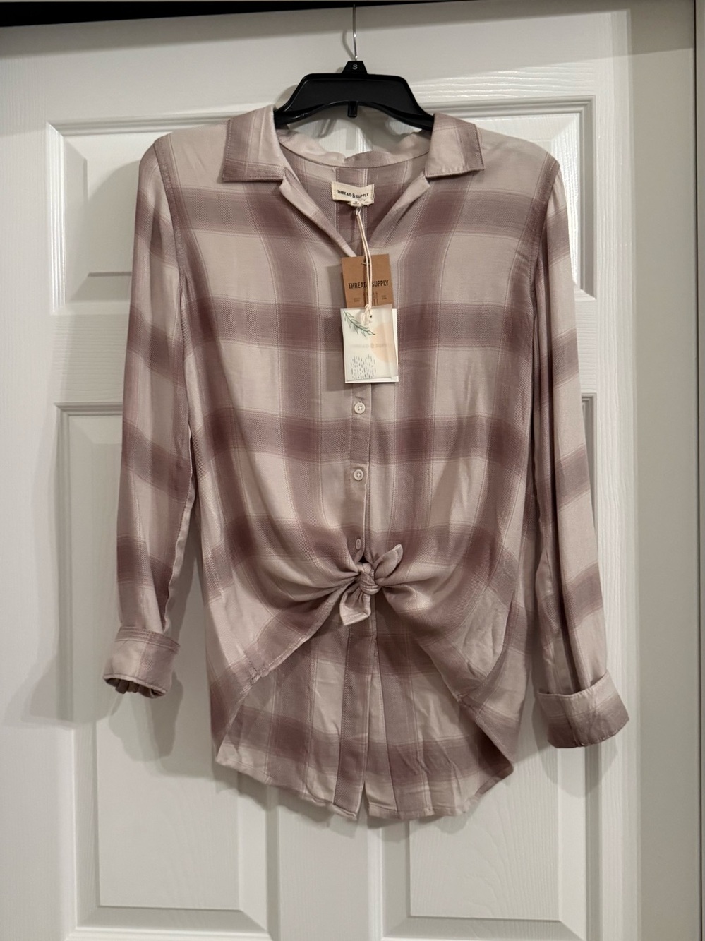 Thread & Supply checkered button down front tie shirt. Size small.